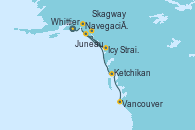 Visitando Whittier (Alaska), Navegación por Glaciar Hubbard (Alaska), Icy Strait Point (Alaska), Juneau (Alaska), Skagway (Alaska), Ketchikan (Alaska), Vancouver (Canadá)