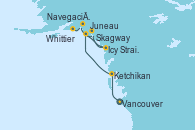Visitando Vancouver (Canadá), Ketchikan (Alaska), Juneau (Alaska), Skagway (Alaska), Icy Strait Point (Alaska), Navegación por Glaciar Hubbard (Alaska), Whittier (Alaska)