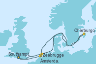 Visitando Southampton (Inglaterra), Cherburgo (Francia), Zeebrugge (Bruselas), Ámsterdam (Holanda), Southampton (Inglaterra)