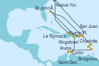 Visitando Nueva York (Estados Unidos), Charlotte Amalie (St. Thomas), St. John´s (Antigua y Barbuda), Bridgetown (Barbados), Kingstown (Granadinas), Saint George (Grenada), Colón, Aruba (Antillas), La Romana (República Dominicana), San Juan (Puerto Rico), Puerto Plata, Republica Dominicana, Nueva York (Estados Unidos)