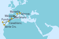 Visitando Barcelona, Casablanca (Marruecos), Santa Cruz de Tenerife (España), Funchal (Madeira), Málaga, Marsella (Francia), Génova (Italia)