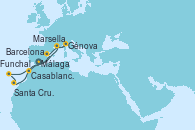Visitando Málaga, Marsella (Francia), Génova (Italia), Barcelona, Casablanca (Marruecos), Funchal (Madeira), Santa Cruz de Tenerife (España), Málaga