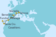 Visitando Málaga, Marsella (Francia), Génova (Italia), Barcelona, Casablanca (Marruecos), Santa Cruz de Tenerife (España), Funchal (Madeira), Málaga