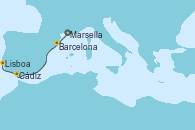 Visitando Marsella (Francia), Barcelona, Cádiz (España), Lisboa (Portugal)