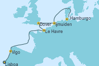 Visitando Lisboa (Portugal), Vigo (España), Le Havre (Francia), Dover (Inglaterra), Ijmuiden (Ámsterdam), Hamburgo (Alemania)