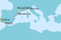 Visitando Génova (Italia), Marsella (Francia), Barcelona, Cádiz (España), Lisboa (Portugal)