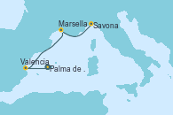 Visitando Palma de Mallorca (España), Valencia, Marsella (Francia), Savona (Italia)