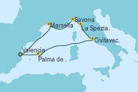 Visitando Valencia, Marsella (Francia), Savona (Italia), La Spezia, Florencia y Pisa (Italia), Civitavecchia (Roma), Palma de Mallorca (España), Valencia