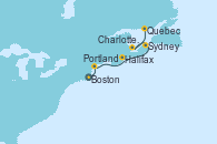 Visitando Boston (Massachusetts), Portland (Maine/Estados Unidos), Halifax (Canadá), Sydney (Nueva Escocia/Canadá), Charlottetown (Canadá), Quebec (Canadá)