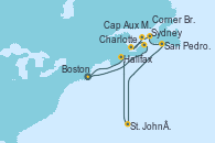 Visitando Boston (Massachusetts), Sydney (Nueva Escocia/Canadá), Charlottetown (Canadá), Cap Aux Meules (Canadá), Corner Brook (Newfoundland/Canadá), San Pedro y Miquelón (Francia), St. John´s (Antigua y Barbuda), Halifax (Canadá), Boston (Massachusetts)