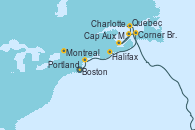 Visitando Boston (Massachusetts), Portland (Maine/Estados Unidos), Halifax (Canadá), Corner Brook (Newfoundland/Canadá), Cap Aux Meules (Canadá), Charlottetown (Canadá), Quebec (Canadá), Montreal (Canadá)