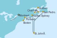 Visitando Montreal (Canadá), Quebec (Canadá), Charlottetown (Canadá), Sydney (Nueva Escocia/Canadá), San Pedro y Miquelón (Francia), St. John´s (Antigua y Barbuda), Halifax (Canadá), Portland (Maine/Estados Unidos), Boston (Massachusetts)