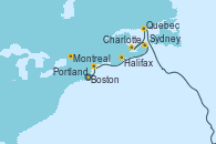 Visitando Boston (Massachusetts), Portland (Maine/Estados Unidos), Halifax (Canadá), Sydney (Nueva Escocia/Canadá), Charlottetown (Canadá), Quebec (Canadá), Montreal (Canadá)