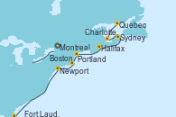 Visitando Montreal (Canadá), Quebec (Canadá), Charlottetown (Canadá), Sydney (Nueva Escocia/Canadá), Halifax (Canadá), Portland (Maine/Estados Unidos), Boston (Massachusetts), Newport (Rhode Island), Fort Lauderdale (Florida/EEUU)