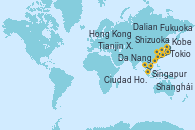 Visitando Tokio (Japón), Tokio (Japón), Shizuoka (Japón), Kobe (Japón), Kobe (Japón), Fukuoka (Japón), Shanghái (China), Shanghái (China), Dalian (China), Tianjin Xingang (China), Tianjin Xingang (China), Hong Kong (China), Hong Kong (China), Da Nang (Vietnam), Ciudad Ho Chi Minh (Vietnam), Singapur