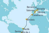 Visitando Río de Janeiro (Brasil), Santos (Brasil), Recife (Brasil), Mindelo (Cabo Verde), Casablanca (Marruecos), Valencia, Barcelona, Marsella (Francia), Génova (Italia)