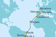Visitando Río de Janeiro (Brasil), Santos (Brasil), Recife (Brasil), Mindelo (Cabo Verde), Casablanca (Marruecos), Valencia, Barcelona, Marsella (Francia)