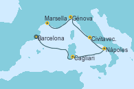 Visitando Barcelona, Cagliari (Cerdeña), Nápoles (Italia), Civitavecchia (Roma), Génova (Italia), Marsella (Francia)