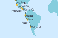 Visitando Los Ángeles (California), Cabo San Lucas (México), Huatulco (México), Puerto Quetzal (Guatemala), Manta (Ecuador), Lima (Callao/Perú), Lima (Callao/Perú), Pisco (Perú), Valparaíso (Chile)