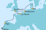 Visitando Lisboa (Portugal), Lisboa (Portugal), Vigo (España), Le Havre (Francia), Southampton (Inglaterra), Rotterdam (Holanda), Kiel (Alemania)