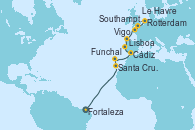 Visitando Fortaleza (Brasil), Santa Cruz de Tenerife (España), Funchal (Madeira), Cádiz (España), Lisboa (Portugal), Lisboa (Portugal), Vigo (España), Le Havre (Francia), Southampton (Inglaterra), Rotterdam (Holanda)