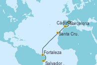 Visitando Barcelona, Cádiz (España), Santa Cruz de Tenerife (España), Fortaleza (Brasil), Salvador de Bahía (Brasil)
