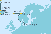 Visitando Copenhague (Dinamarca), Aalesund (Noruega), Husavik (Islandia), Ísafjörður (Islandia), Nanortalik (Groenlandia), Qaqortoq, Greeland, Reykjavik (Islandia)
