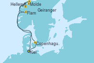 Visitando Kiel (Alemania), Copenhague (Dinamarca), Hellesylt (Noruega), Geiranger (Noruega), Molde (Noruega), Flam (Noruega), Kiel (Alemania)