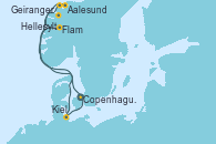 Visitando Copenhague (Dinamarca),Navegación,Hellesylt (Noruega),Geiranger (Noruega),Aalesund (Noruega),Flam (Noruega),Navegación,Kiel (Alemania),Copenhague (Dinamarca)