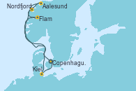 Visitando Copenhague (Dinamarca), Aalesund (Noruega), Nordfjordeid, Flam (Noruega), Kiel (Alemania), Copenhague (Dinamarca)