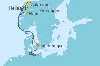 Visitando Kiel (Alemania), Copenhague (Dinamarca), Hellesylt (Noruega), Geiranger (Noruega), Aalesund (Noruega), Flam (Noruega), Kiel (Alemania)