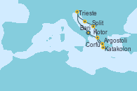 Visitando Bari (Italia), Trieste (Italia), Split (Croacia), Kotor (Montenegro), Katakolon (Olimpia/Grecia), Argostoli (Grecia), Corfú (Grecia), Bari (Italia)
