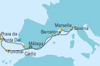 Visitando Málaga, Funchal (Madeira), Ponta Delgada (Azores), Praia da Vittoria (Azores), Cádiz (España), Barcelona, Marsella (Francia), Savona (Italia), Málaga