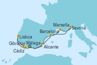Visitando Málaga, Gibraltar (Inglaterra), Cádiz (España), Lisboa (Portugal), Alicante (España), Barcelona, Marsella (Francia), Savona (Italia), Málaga