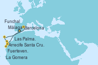 Visitando Málaga, Arrecife (Lanzarote/España), Fuerteventura (Canarias/España), Las Palmas de Gran Canaria (España), La Gomera (Islas Canarias/España), Santa Cruz de Tenerife (España), Funchal (Madeira), Barcelona