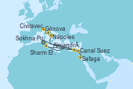 Visitando Sokhna Port (Egipto), Safaga (Egipto), Safaga (Egipto), Sharm El Sheik (Egipto), Canal Suez, Canal Suez, Alejandría (Egipto), Nápoles (Italia), Civitavecchia (Roma), Génova (Italia)