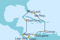 Visitando Fort Lauderdale (Florida/EEUU), Isla Pequeña (San Salvador/Bahamas), Curacao (Antillas), Cartagena de Indias (Colombia), Lago Gatun (Panamá), Colón (Panamá), Puerto Limón (Costa Rica), Gran Caimán (Islas Caimán), Fort Lauderdale (Florida/EEUU)