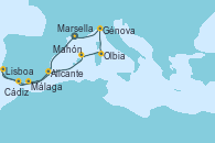 Visitando Marsella (Francia), Málaga, Cádiz (España), Lisboa (Portugal), Alicante (España), Mahón (Menorca/España), Olbia (Cerdeña), Génova (Italia), Marsella (Francia)