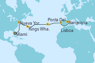 Visitando Miami (Florida/EEUU), Nueva York (Estados Unidos), Nueva York (Estados Unidos), Kings Wharf (Bermudas), Kings Wharf (Bermudas), Ponta Delgada (Azores), Lisboa (Portugal), Lisboa (Portugal), Barcelona