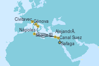 Visitando Safaga (Egipto), Safaga (Egipto), Sharm El Sheik (Egipto), Canal Suez, Canal Suez, Alejandría (Egipto), Nápoles (Italia), Civitavecchia (Roma), Génova (Italia)