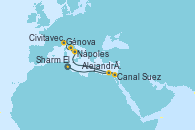 Visitando Sharm El Sheik (Egipto), Canal Suez, Canal Suez, Alejandría (Egipto), Nápoles (Italia), Civitavecchia (Roma), Génova (Italia)