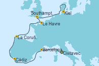 Visitando Civitavecchia (Roma), Barcelona, Cádiz (España), La Coruña (Galicia/España), Le Havre (Francia), Southampton (Inglaterra), Kiel (Alemania)