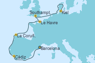 Visitando Barcelona, Cádiz (España), La Coruña (Galicia/España), Le Havre (Francia), Southampton (Inglaterra), Kiel (Alemania)