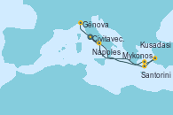 Visitando Civitavecchia (Roma), Mykonos (Grecia), Kusadasi (Efeso/Turquía), Santorini (Grecia), Nápoles (Italia), Civitavecchia (Roma), Génova (Italia)