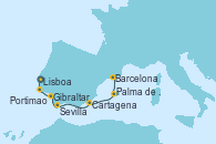 Visitando Lisboa (Portugal), Portimao (Portugal), Sevilla (España), Sevilla (España), Gibraltar (Inglaterra), Cartagena (Murcia), Palma de Mallorca (España), Barcelona