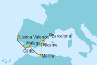 Visitando Barcelona, Valencia, Alicante (España), Melilla (España), Málaga, Cádiz (España), Lisboa (Portugal), Lisboa (Portugal)