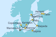 Visitando Warnemunde (Alemania), Gdynia (Polonia), Klaipeda (Lituania), Estocolmo (Suecia), Tallin (Estonia), Helsinki (Finlandia), Visby (Suecia), Roenne (Dinamarca), Copenhague (Dinamarca), Karlskrona (Suecia), Warnemunde (Alemania)