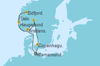 Visitando Warnemunde (Alemania), Haugesund (Noruega), Eidfjord (Hardangerfjord/Noruega), Kristiansand (Noruega), Oslo (Noruega), Copenhague (Dinamarca), Warnemunde (Alemania)
