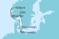 Visitando Warnemunde (Alemania), Stavanger (Noruega), Eidfjord (Hardangerfjord/Noruega), Oslo (Noruega), Copenhague (Dinamarca), Warnemunde (Alemania)