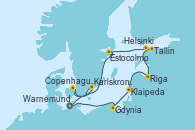 Visitando Warnemunde (Alemania), Gdynia (Polonia), Klaipeda (Lituania), Riga (Letonia), Tallin (Estonia), Helsinki (Finlandia), Estocolmo (Suecia), Estocolmo (Suecia), Copenhague (Dinamarca), Karlskrona (Suecia), Warnemunde (Alemania)